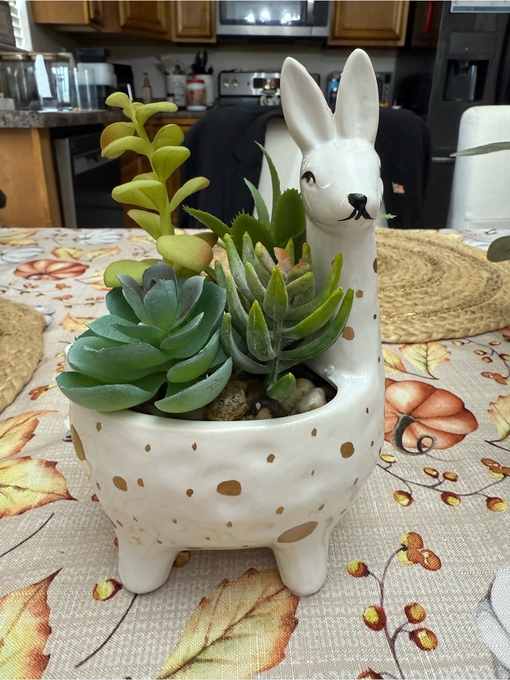 White Gold-Spotted Llama Ceramic Planter with Faux Succulents